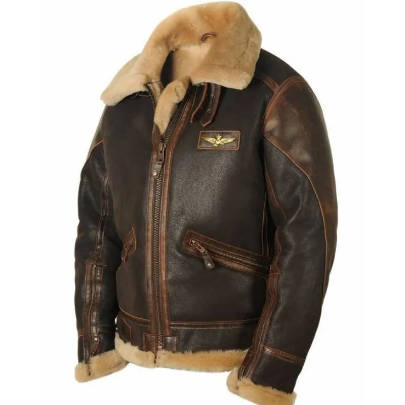 Men's Autumn & Winter Brown Lapel Zipper Pocket Leather Jacket