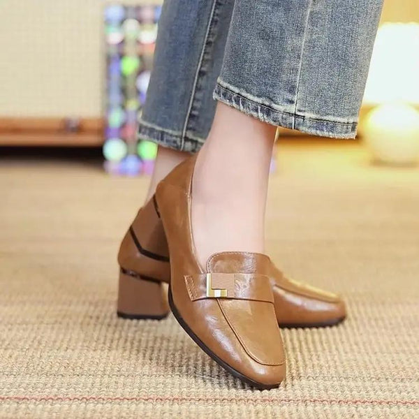 Women's Real Soft Leather Round Toe Small Leather Shoes Women's Thick Heel Loafers