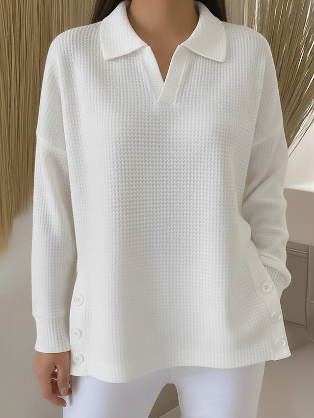 Women’s Waffle-Knit Polo Neck Side-Slit Longline Pullover