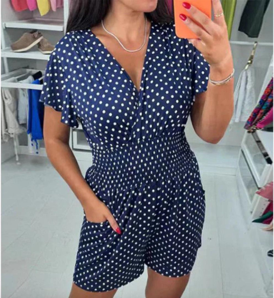 Polka Dot V-neck One-Piece Shorts Jumpsuit