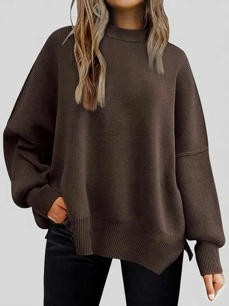 Solid Color Split Hem Knit Sweater - Women's Long Sleeve Pullover