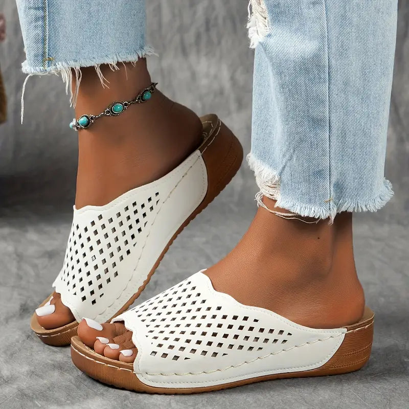 Peep Toe Wedge Slides: Hollow Design, Soft Sole