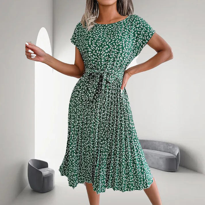 Women's Casual Short Sleeve Floral Pleated Dress