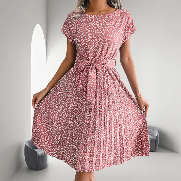 Women's Casual Short Sleeve Floral Pleated Dress