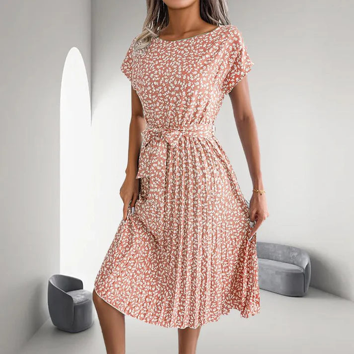 Women's Casual Short Sleeve Floral Pleated Dress