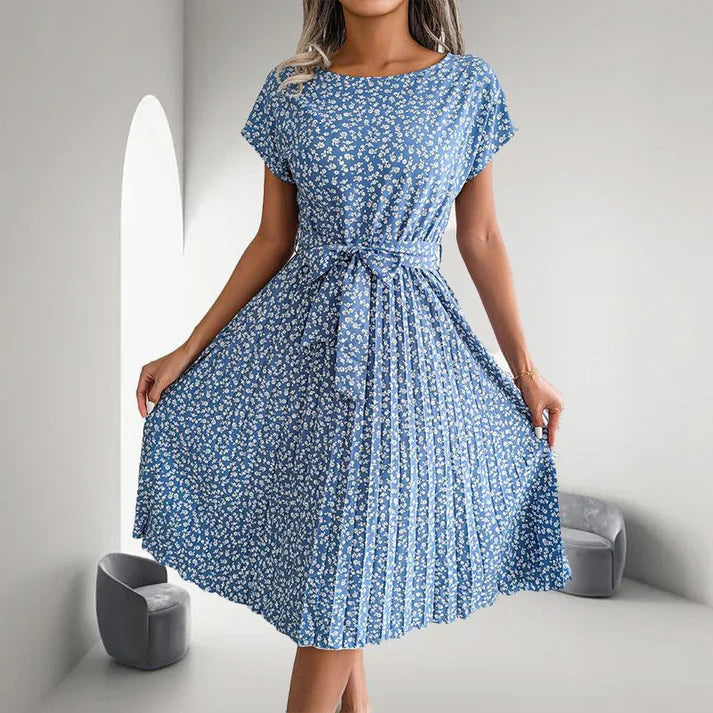 Women's Casual Short Sleeve Floral Pleated Dress