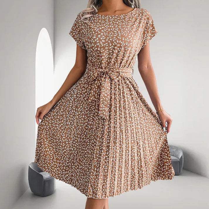 Women's Casual Short Sleeve Floral Pleated Dress