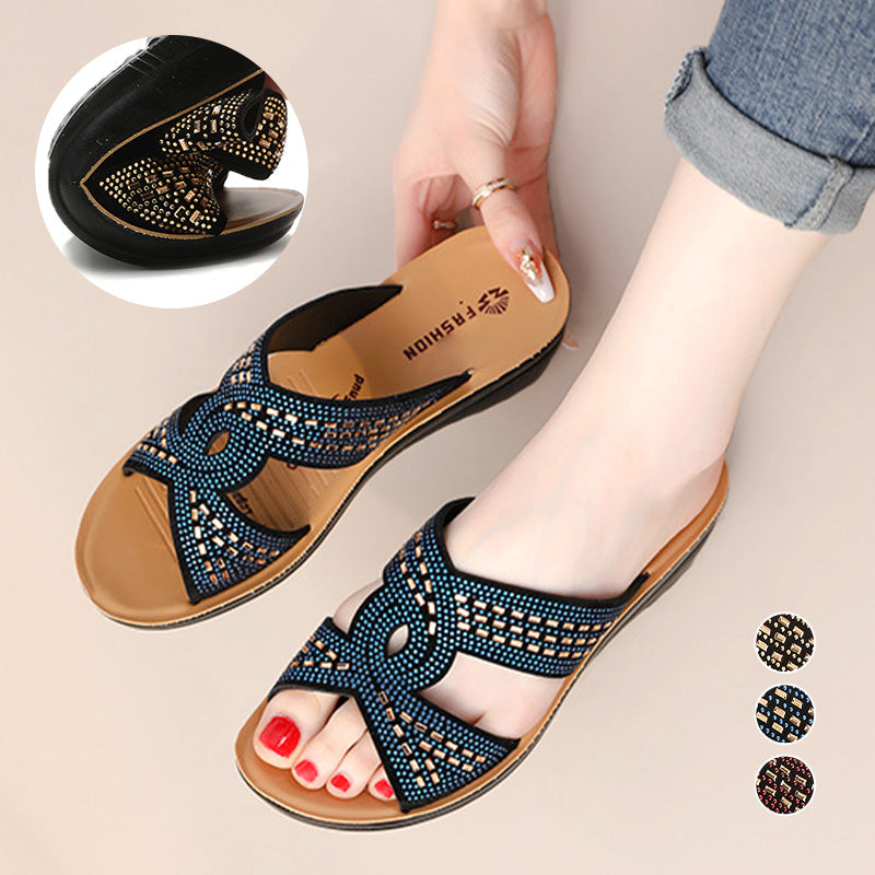 Retro Non-Slip Soft Sole Rhinestone Wedge Sandals