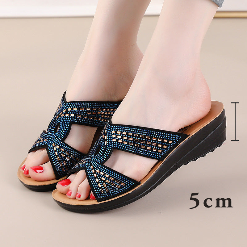 Retro Non-Slip Soft Sole Rhinestone Wedge Sandals