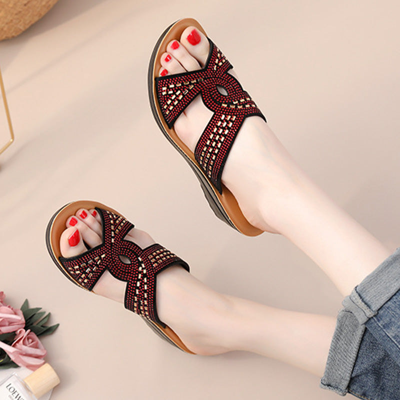 Retro Non-Slip Soft Sole Rhinestone Wedge Sandals