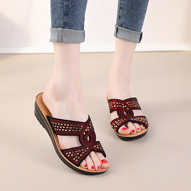 Retro Non-Slip Soft Sole Rhinestone Wedge Sandals