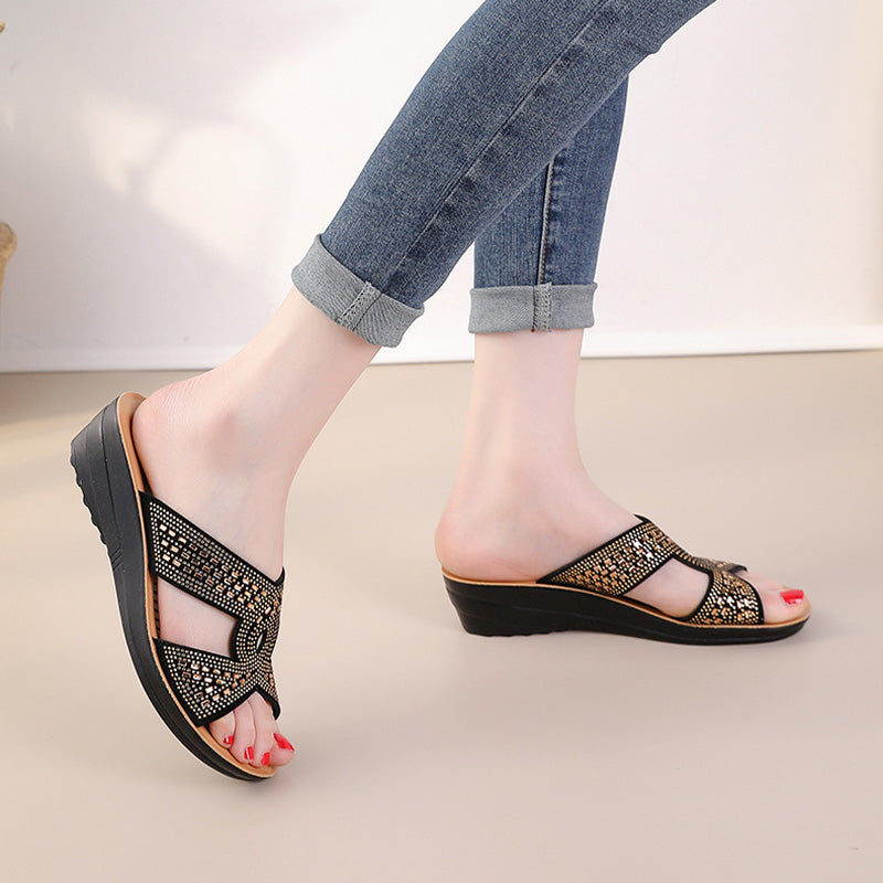 Retro Non-Slip Soft Sole Rhinestone Wedge Sandals