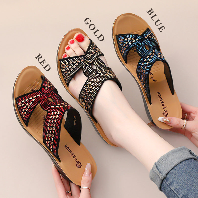 Retro Non-Slip Soft Sole Rhinestone Wedge Sandals