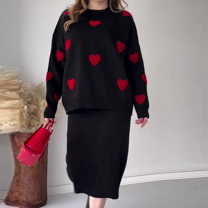 Heart Graphic Knit Sweater & Midi Skirt Set