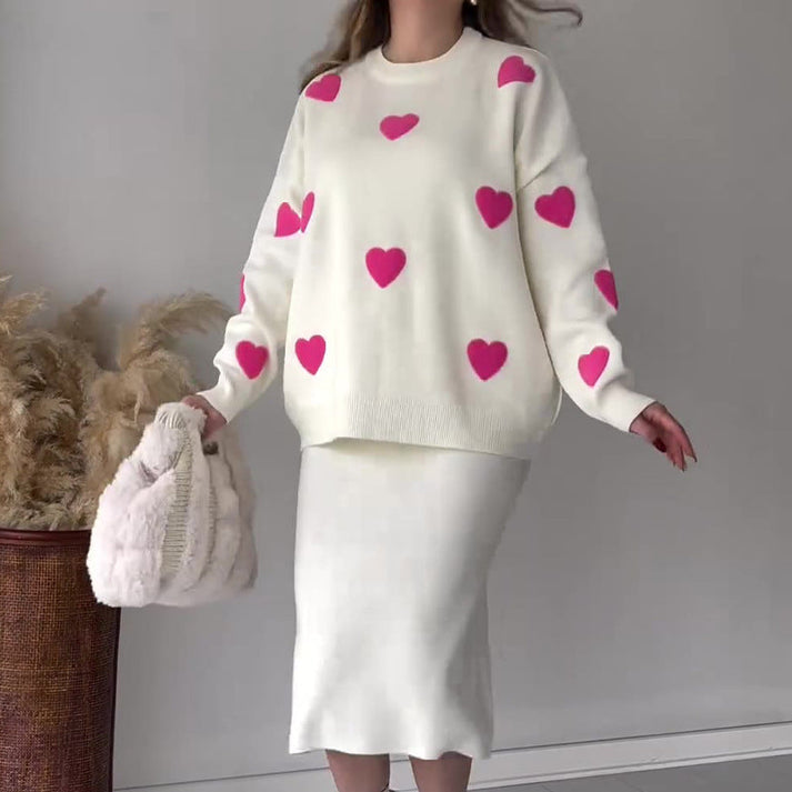 Heart Graphic Knit Sweater & Midi Skirt Set