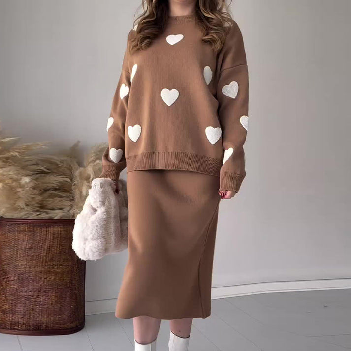 Heart Graphic Knit Sweater & Midi Skirt Set