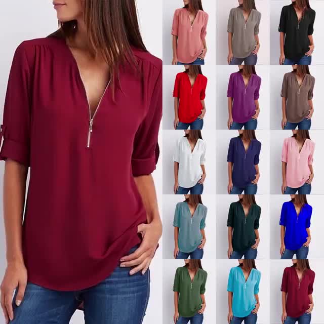 Plus Size Relaxed Fit Blouse – 3/4 Sleeve Zip Detail