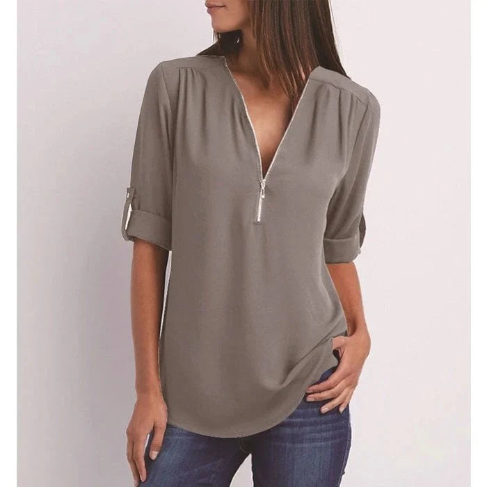 Plus Size Relaxed Fit Blouse – 3/4 Sleeve Zip Detail