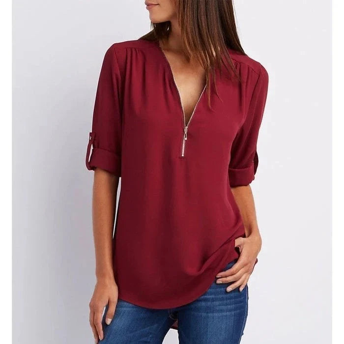 Plus Size Relaxed Fit Blouse – 3/4 Sleeve Zip Detail