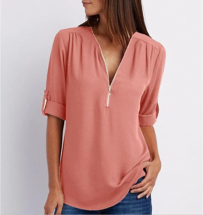 Plus Size Relaxed Fit Blouse – 3/4 Sleeve Zip Detail