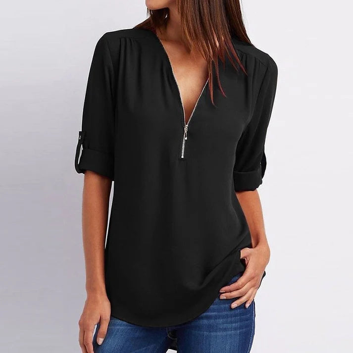 Plus Size Relaxed Fit Blouse – 3/4 Sleeve Zip Detail