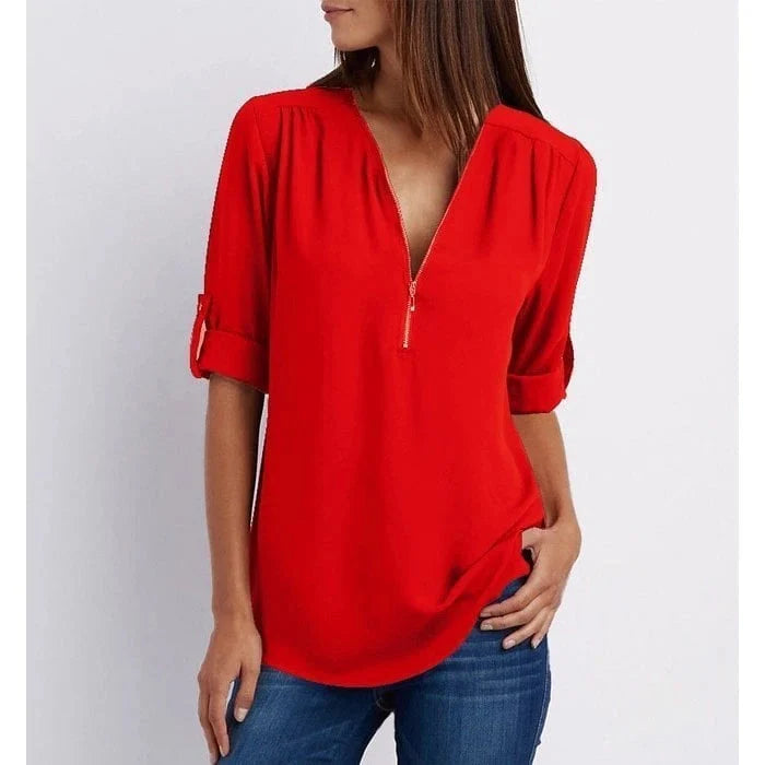 Plus Size Relaxed Fit Blouse – 3/4 Sleeve Zip Detail