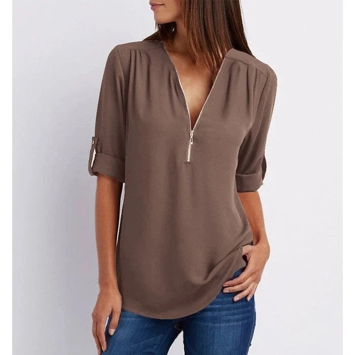 Plus Size Relaxed Fit Blouse – 3/4 Sleeve Zip Detail
