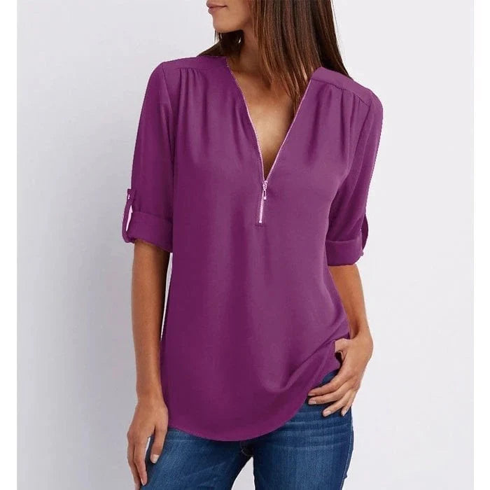 Plus Size Relaxed Fit Blouse – 3/4 Sleeve Zip Detail