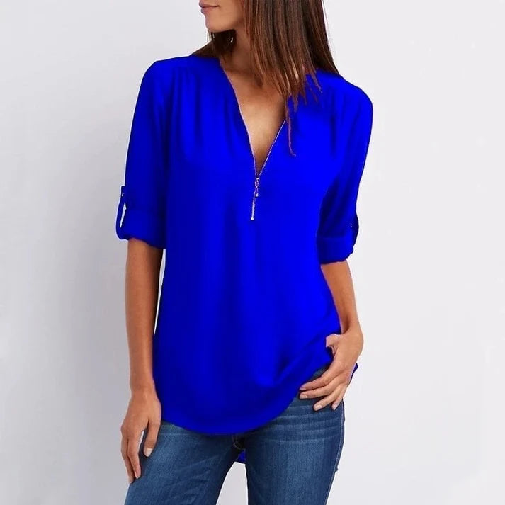 Plus Size Relaxed Fit Blouse – 3/4 Sleeve Zip Detail