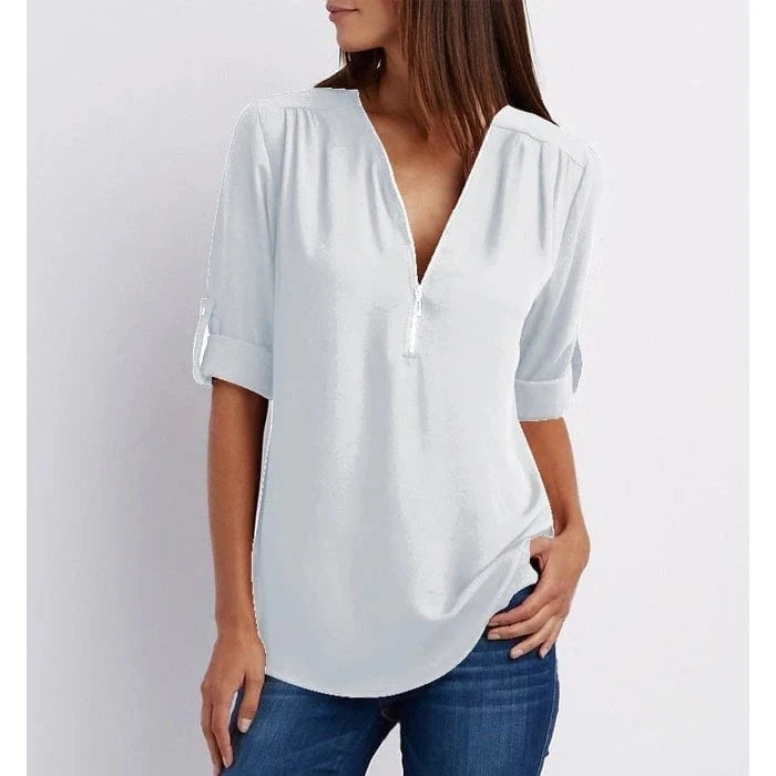 Plus Size Relaxed Fit Blouse – 3/4 Sleeve Zip Detail