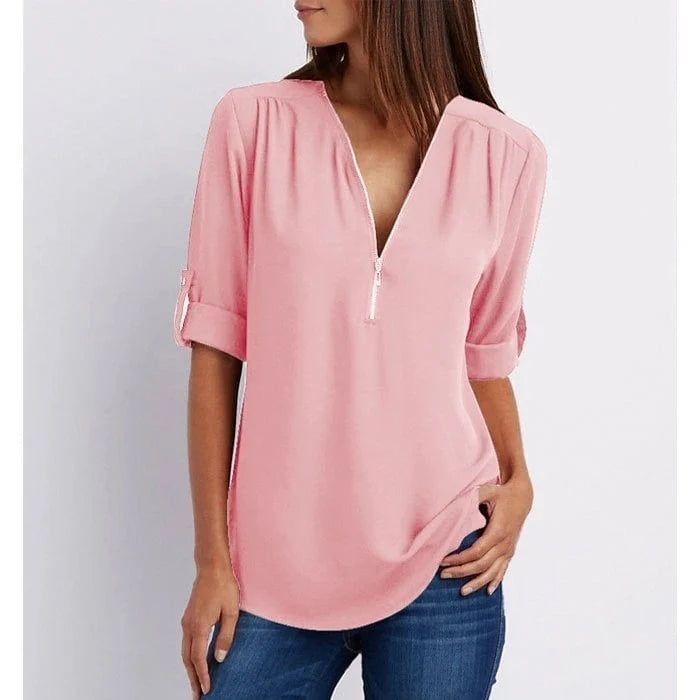 Plus Size Relaxed Fit Blouse – 3/4 Sleeve Zip Detail