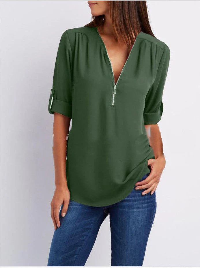 Plus Size Relaxed Fit Blouse – 3/4 Sleeve Zip Detail