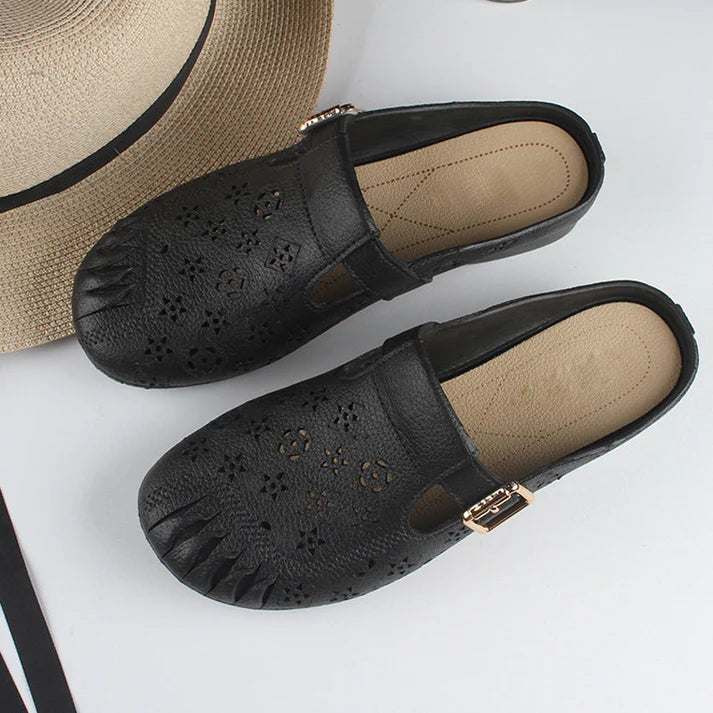 Round Head Hollow Carved Flowers Low Heel Women's Slippers
