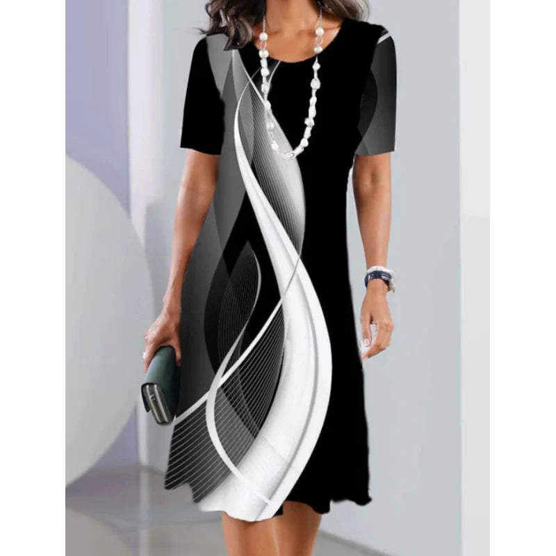 Women's casual dresses with 3D print and round neckline