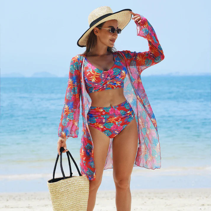 Women's fashionable multicolored swimsuit with print, 3 pieces .
