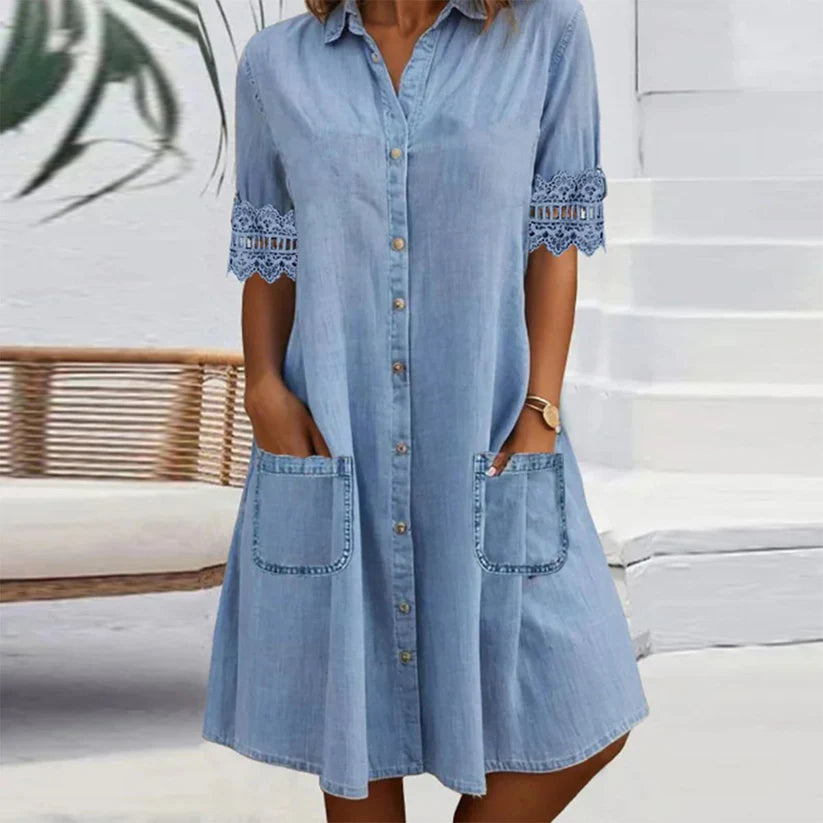 Blue, Simple Denim Mini Dress with Collar and Lace Trim