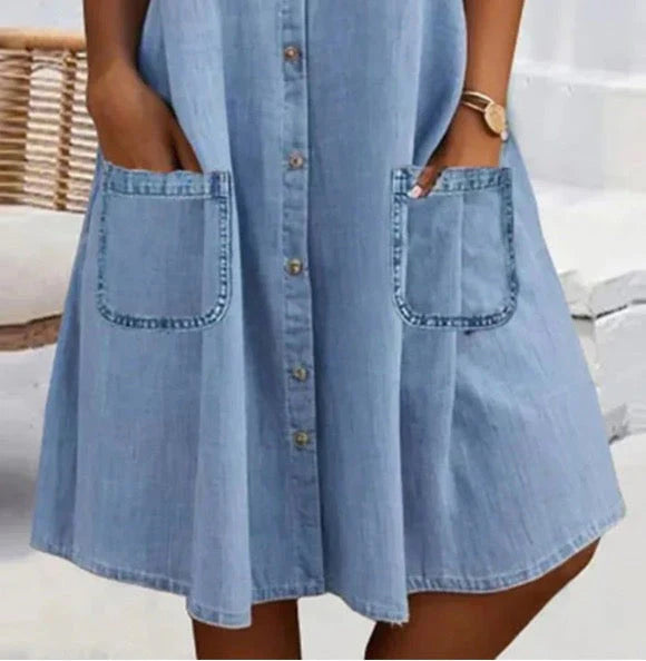 Blue, Simple Denim Mini Dress with Collar and Lace Trim