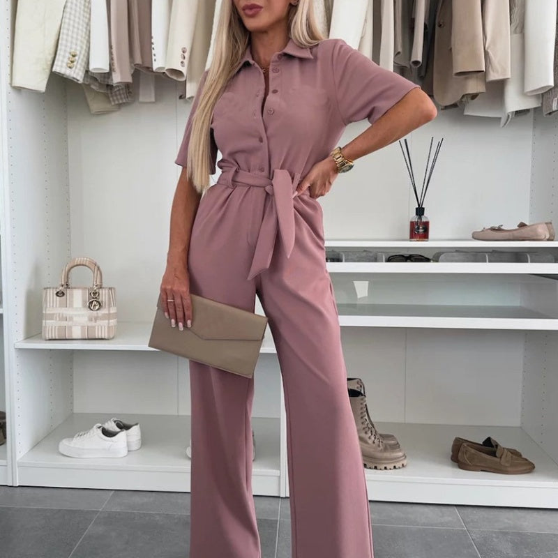 Women’s Button-Front Wide-Leg Jumpsuit with Tie Waist
