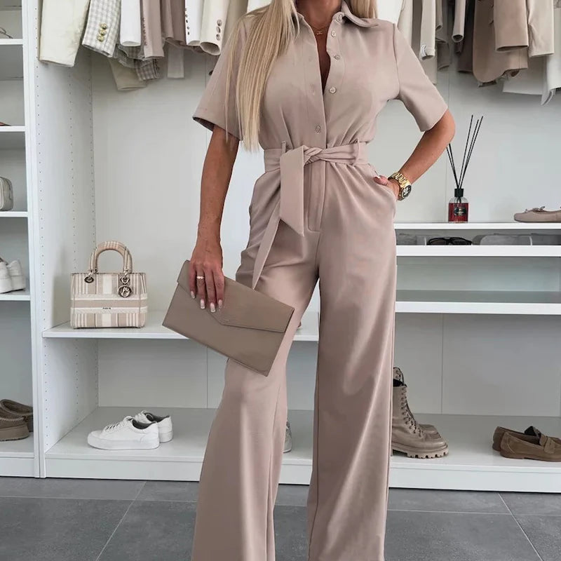 Women’s Button-Front Wide-Leg Jumpsuit with Tie Waist