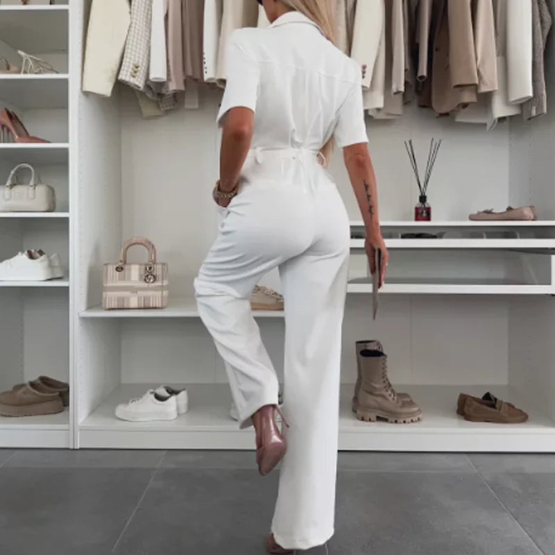 Women’s Button-Front Wide-Leg Jumpsuit with Tie Waist