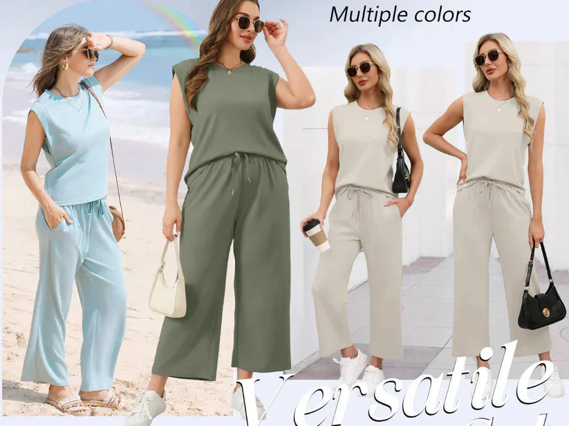 New Women's Casual Top with Cap Sleeve and Wide Two-Piece Leg Pants