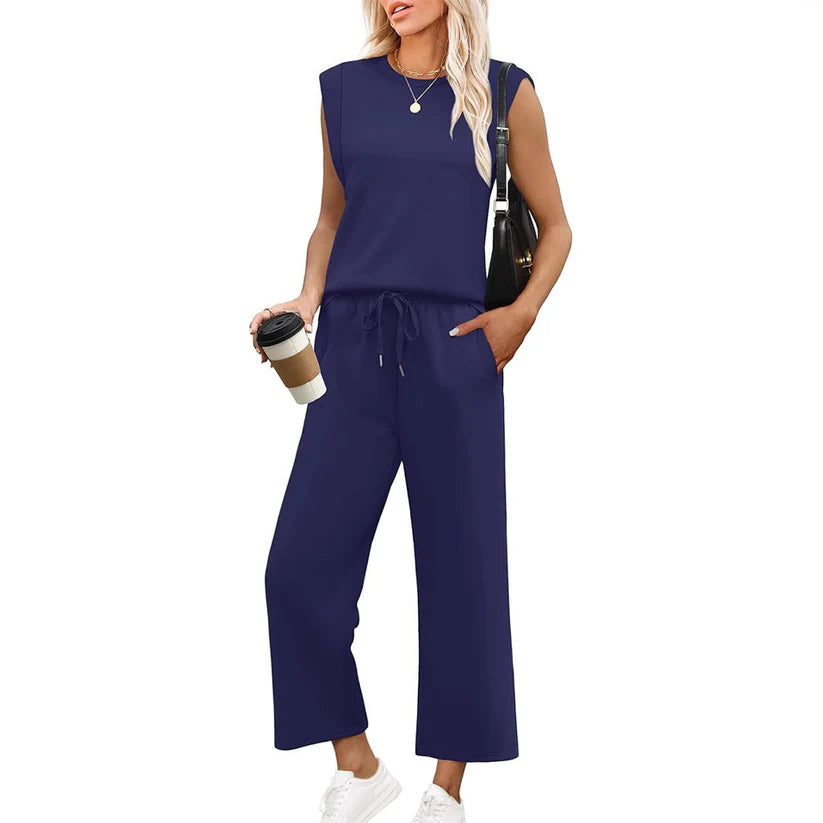 New Women's Casual Top with Cap Sleeve and Wide Two-Piece Leg Pants