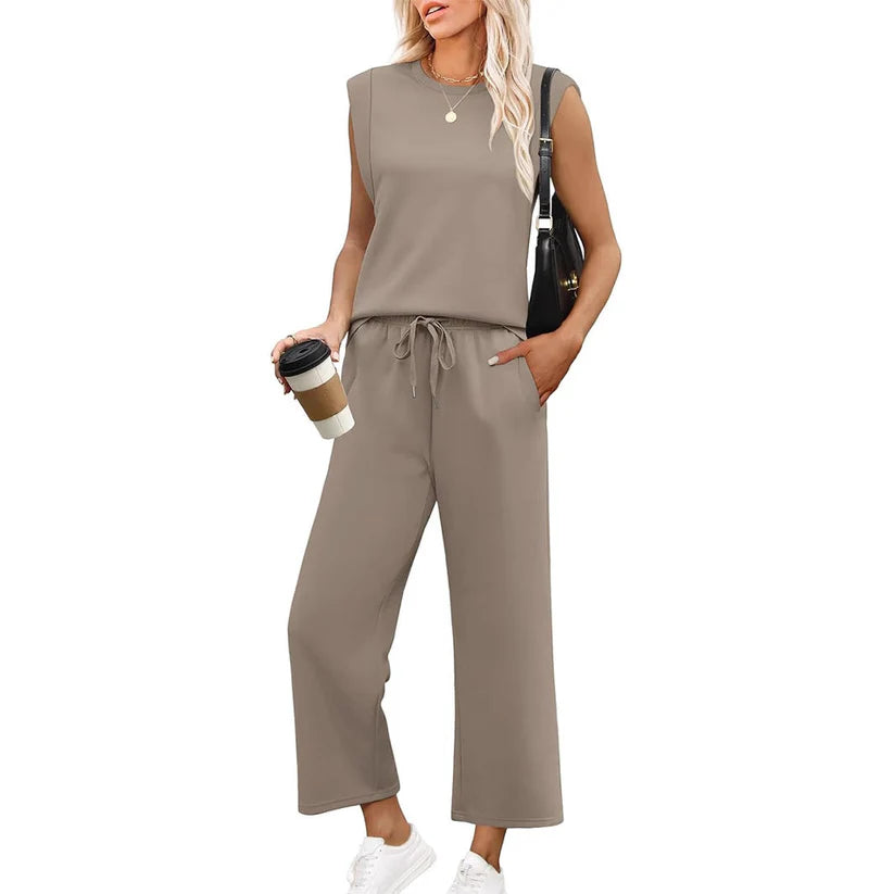 New Women's Casual Top with Cap Sleeve and Wide Two-Piece Leg Pants