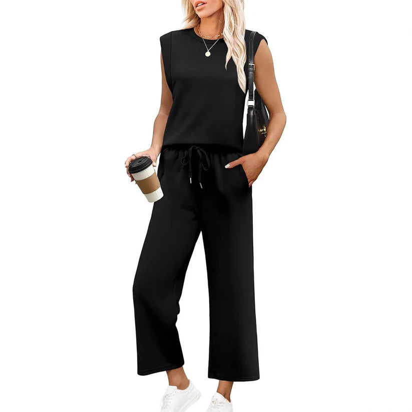 New Women's Casual Top with Cap Sleeve and Wide Two-Piece Leg Pants