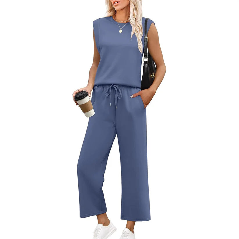 New Women's Casual Top with Cap Sleeve and Wide Two-Piece Leg Pants
