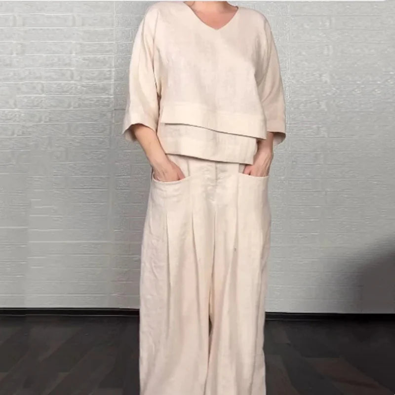 Irregular Home Cotton Linen Short Sleeve Casual 2-Piece Set