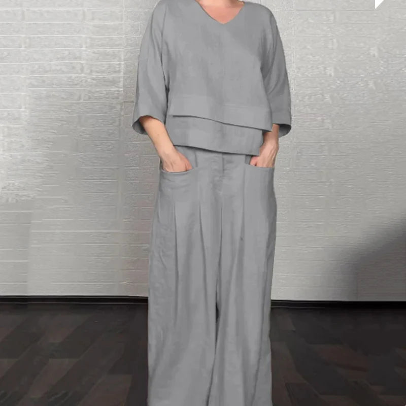 Irregular Home Cotton Linen Short Sleeve Casual 2-Piece Set