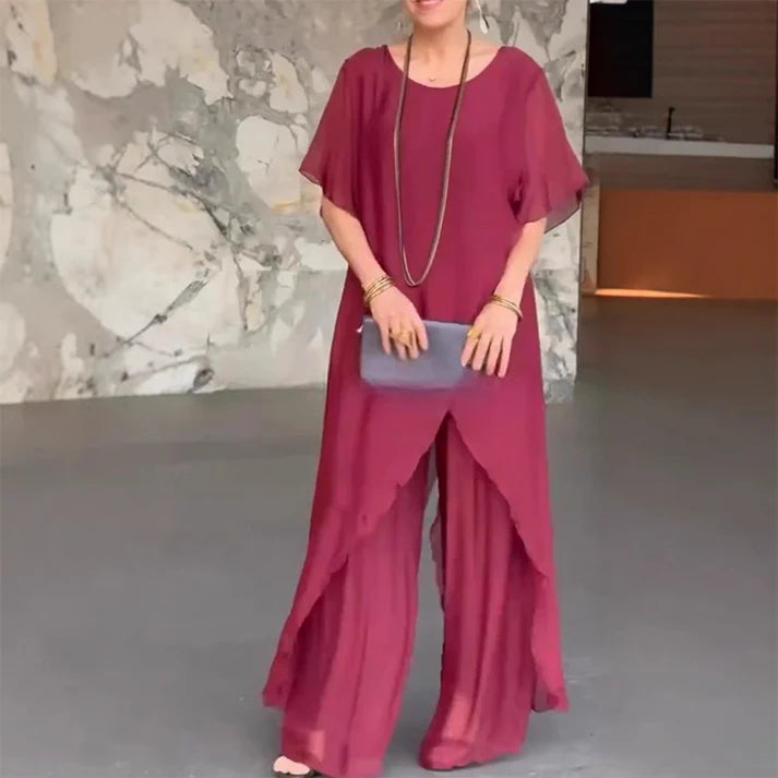 Elegant Solid Colour Mercerized Cotton Two-Piece Suit for Women.