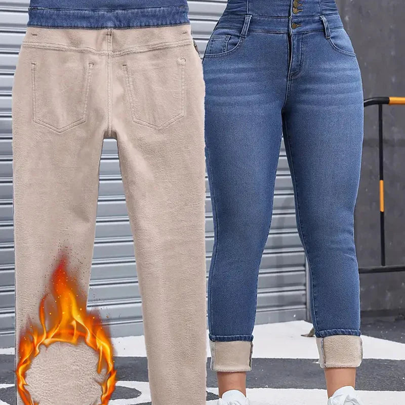 Warm and comfortable women's denim pants with fleece lining