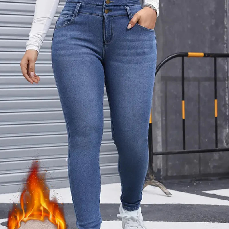 Warm and comfortable women's denim pants with fleece lining